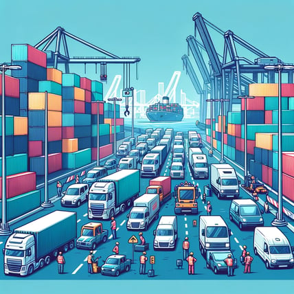 DALL·E 2024-04-09 15.46.31 - A chaotic port scene with containers stacked haphazardly, a line of trucks backed up, and workers looking stressed and overwhelmed. The scene should d