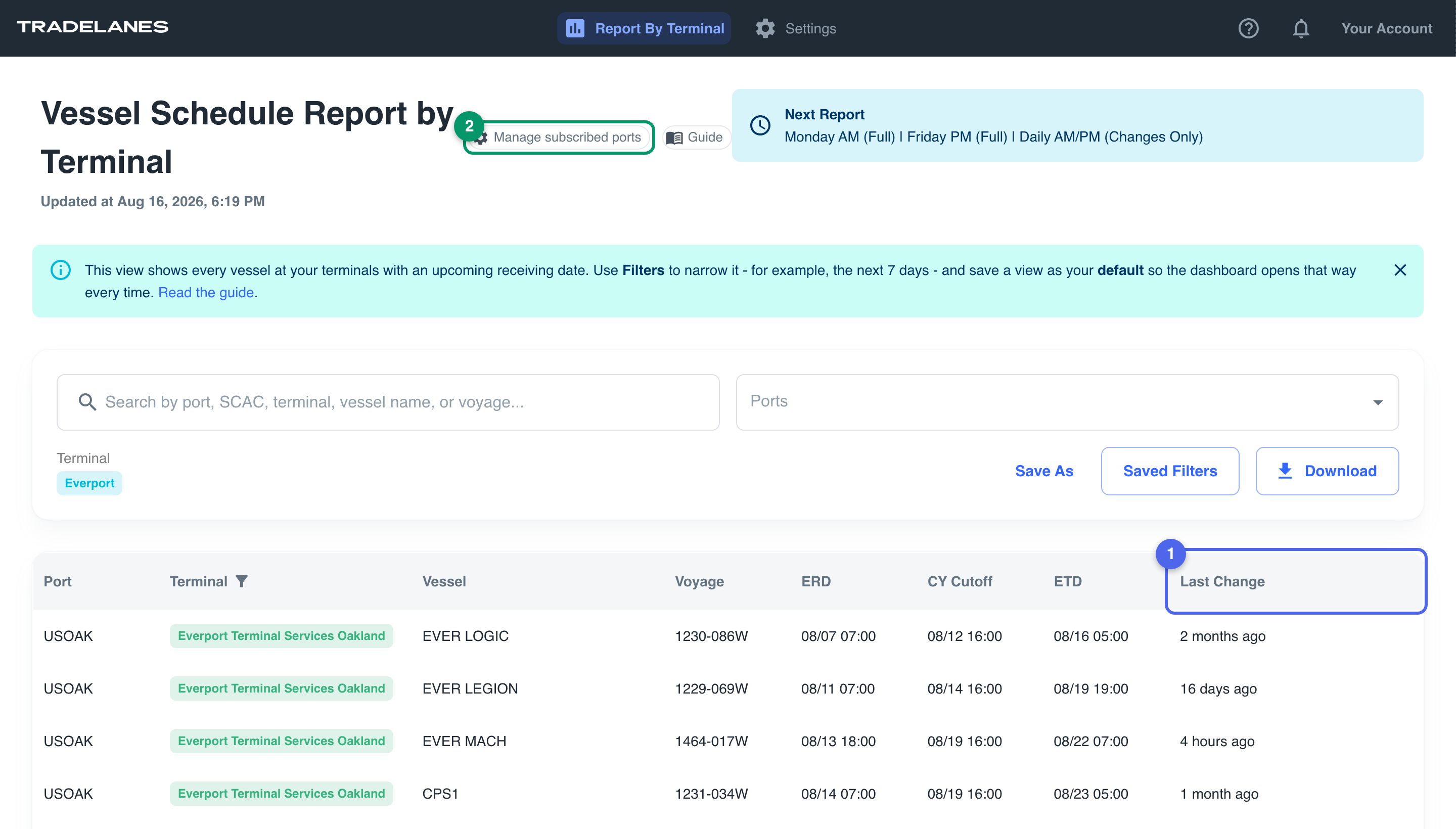 The VSR by Terminal dashboard: vessels grouped by port with Last Change highlighted and Manage subscribed ports