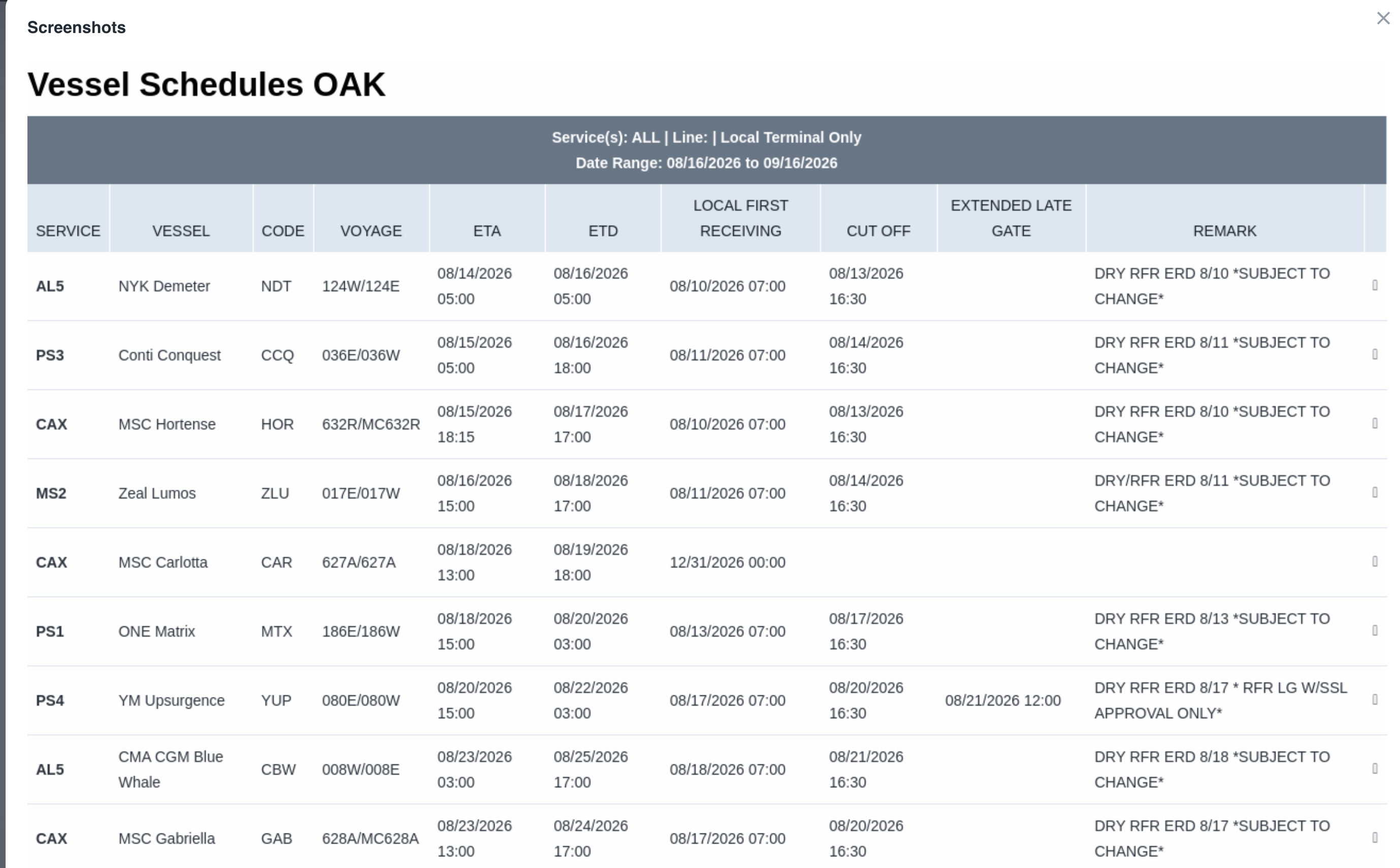 A dated snapshot of a terminal's published vessel schedule - service, vessel, ETA, ETD, local first receiving, and cut-off for a chosen date
