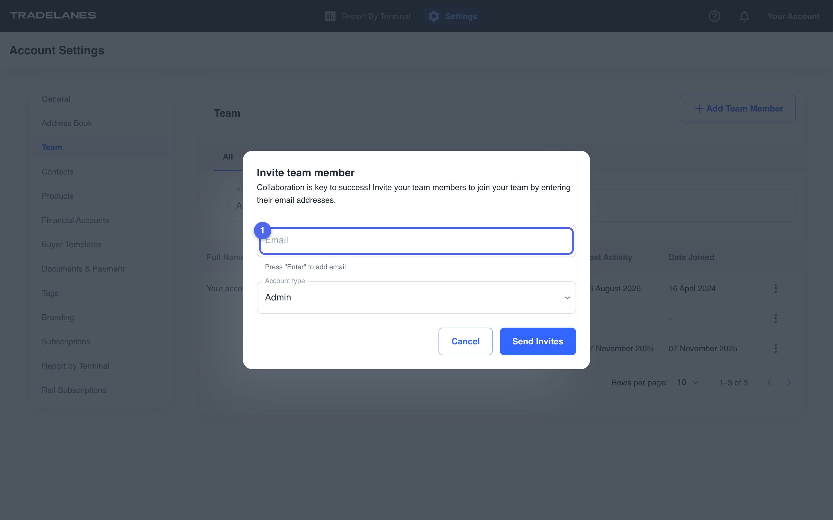 Invite team member dialog: enter the teammate's email and send the invite