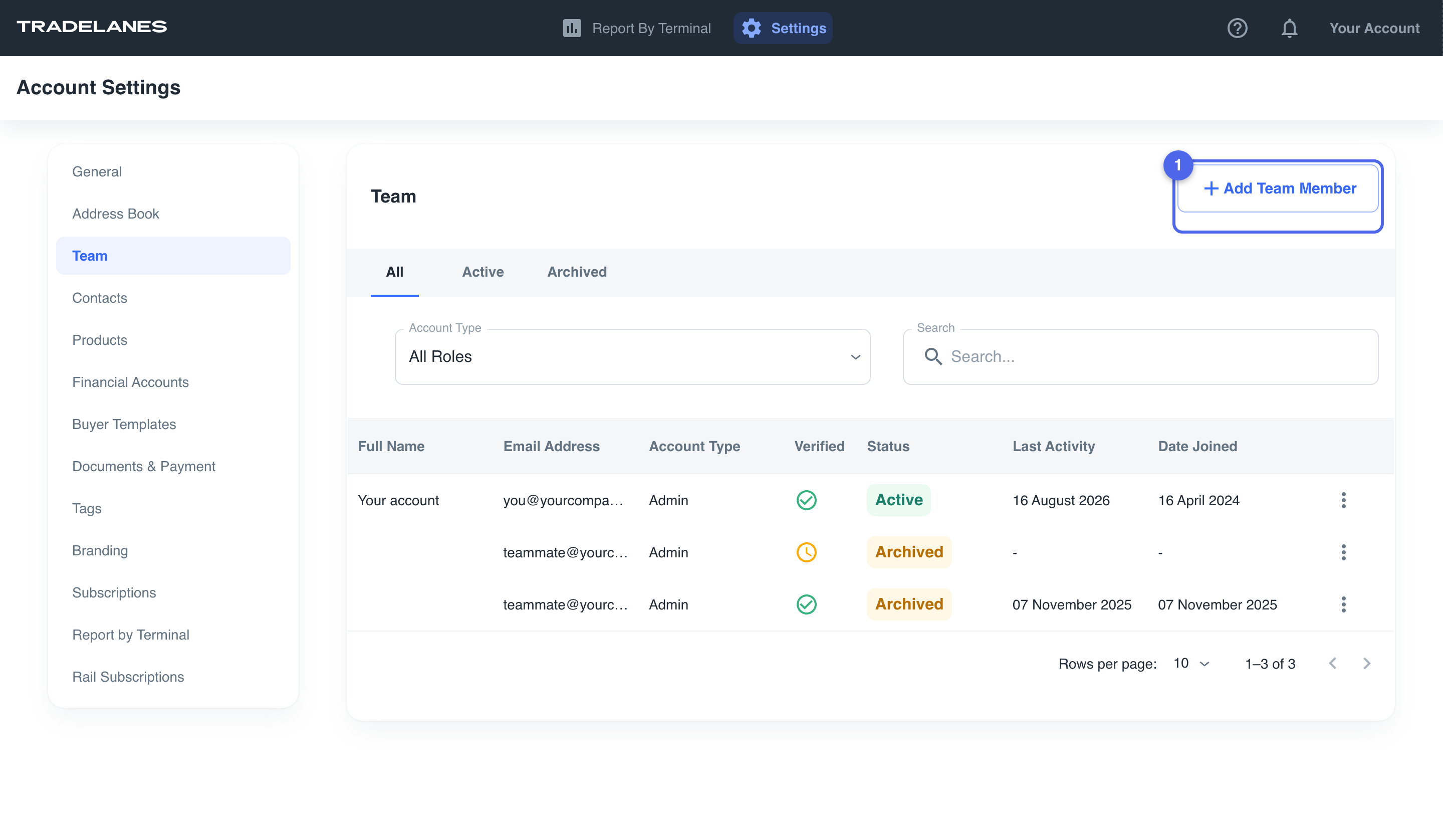 Settings - Team: the Add Team Member button